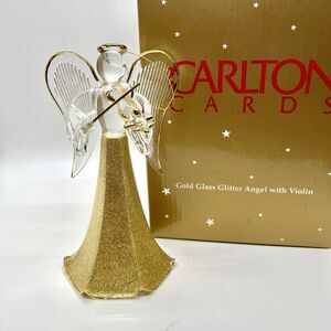 Vintage Carlton Cards Gold Glass Glitter Angel W/ Violin 6” Christmas Ornament